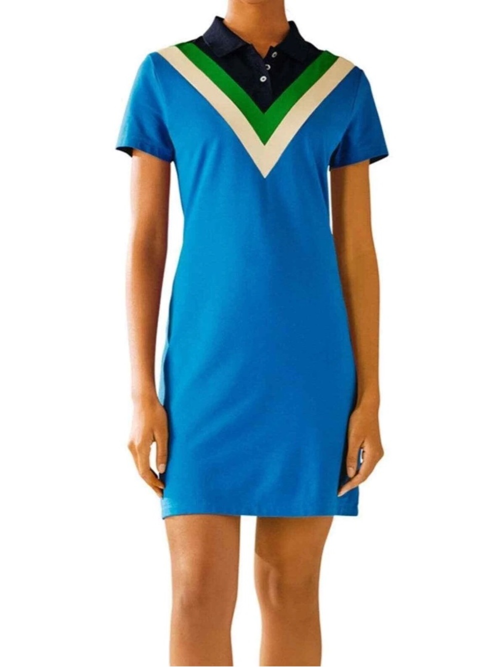Tory Burch Sport Blue chevron Polo Mini Dress with Green V-Stripe tennis Medium